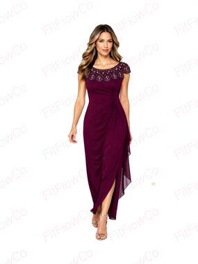 Xscape Plum Embellished Evening Gown Size 6P Beaded Illusion Neckline Maxi